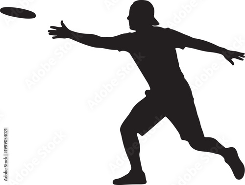 Silhouette of a man in a baseball cap catching a frisbee in mid-air, representing outdoor sports, active lifestyle, and summer recreation.