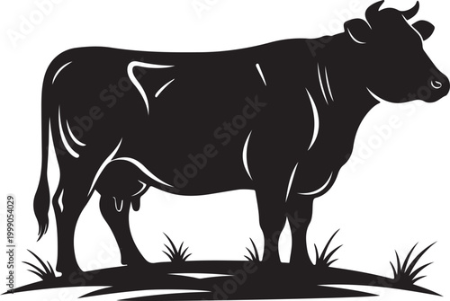 Silhouette of a dairy cow standing in a grassy field, representing agriculture, farming, livestock, and natural countryside life.