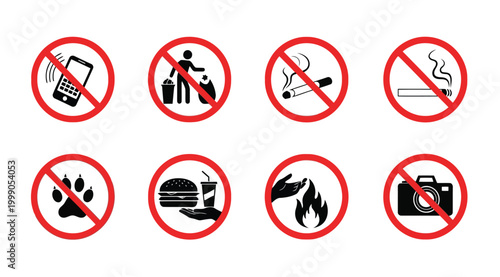 Collection of prohibition signs, no entry symbols, and restricted activity icons