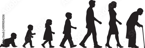 Silhouettes illustrating the human life cycle from infancy to old age, walking in progression, symbolizing growth, aging, and the passage of time.