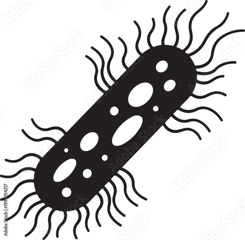 Detailed black silhouette of a rod-shaped bacterium with flagella, representing microbiology, science, and the study of microorganisms and disease.