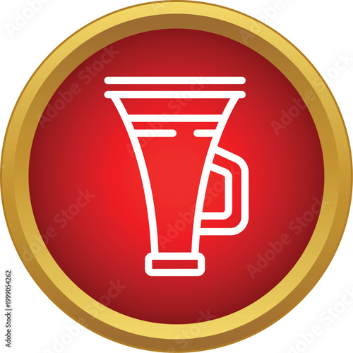 Line drawing of a mulled wine glass within a bright red and gold bordered circle