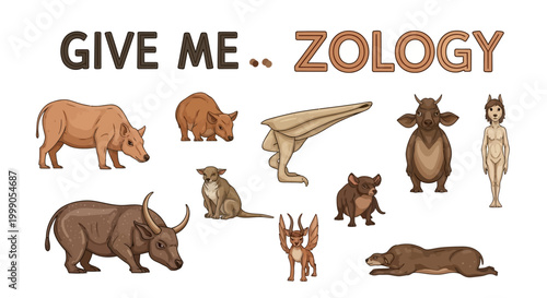 Creatures presented in a creative zoological study for young students.
