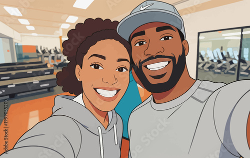 Cartoon selfie of a happy Black couple at the gym