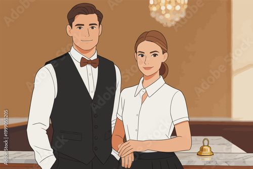 Two Hotel Service Staff Standing At The Front Desk