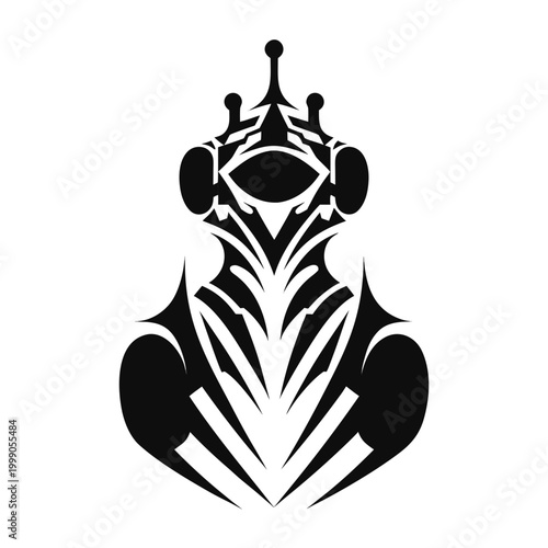 Tribal alien warrior mask vector, black and white sci-fi creature silhouette, futuristic insectoid monster head icon for gaming and tattoo design