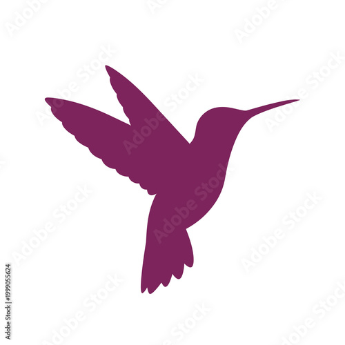 Solid purple hummingbird silhouette in flight with spread wings and long beak, isolated on a plain white background. Minimalist flat design vector illustration of a small bird.