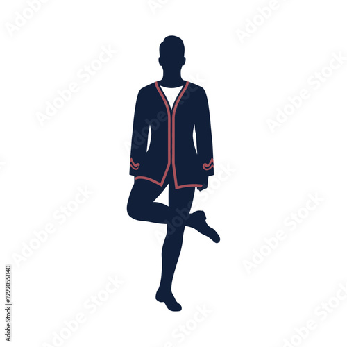Silhouette of a male Irish step dancer in a traditional costume featuring a dark navy blue jacket with red trim, captured in a classic dancing pose isolated on a white background.