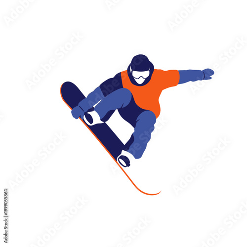 Minimalist flat vector illustration of a male snowboarder jumping in mid-air performing a trick, wearing an orange jacket, blue pants, and goggles, isolated on white background.