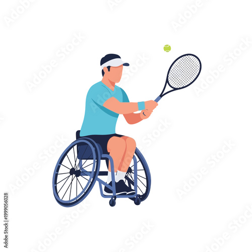 Flat vector illustration of a male athlete with a physical disability playing wheelchair tennis, wearing a blue t-shirt and white visor while hitting a tennis ball with a racket.