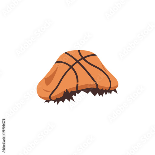 Vector illustration of a deflated and torn orange basketball with black ribbing isolated on a white background. The ball is burst at the bottom with jagged edges and flat shape.