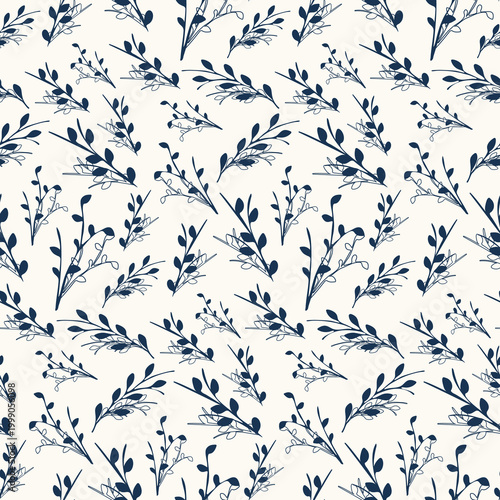 A repeating pattern shows stylized dark blue botanical branches and leaves scattered across a light cream background.