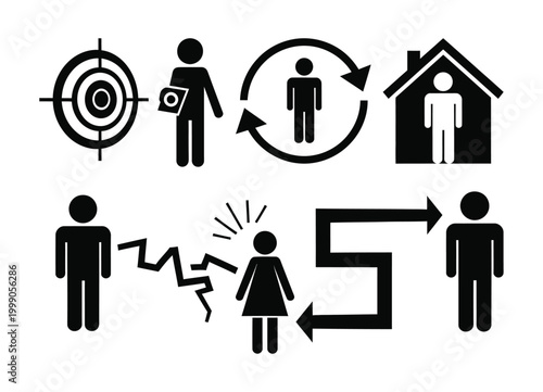 Black and white icons depicting life stages and challenges