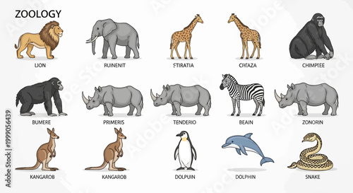 Zoology chart displays various wild animals arranged in a neat grid.