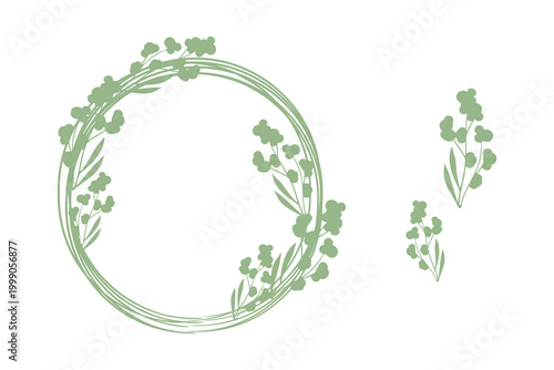 A light sage green circular frame is decorated with small leaves and tiny round flower clusters. Two matching individual floral sprigs appear alongside it.