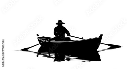 silhouette of a man rowing a boat on calm water