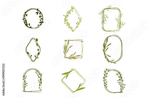 Displaying nine diverse green floral frames with natural leaf and branch elements. These artistic borders come in various shapes including circles, squares, and ovals for elegant designs.