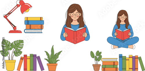 Girl reading books with study elements cartoon vector illustration cozy learning education and library concept design