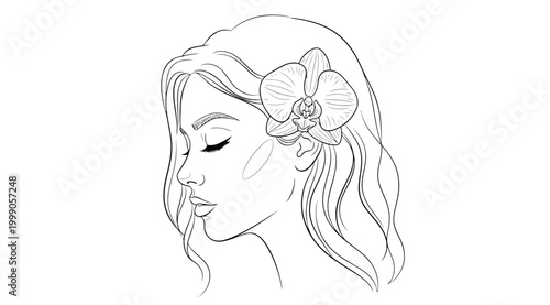 Line art illustration of a beautiful woman profile with an orchid flower in her hair