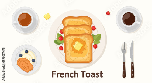French Toast Breakfast Vector Illustration with Coffee and Berries