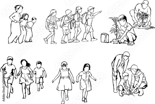 Children playing and family gardening line art