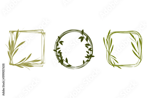 Three elegant green botanical frames. A square, a circle, and a rounded square design, each adorned with simple leaf elements. Perfect decorative borders for various design projects.