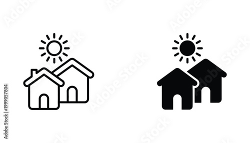 Sun over two houses icon set for real estate and property development in flat black and white vector design style