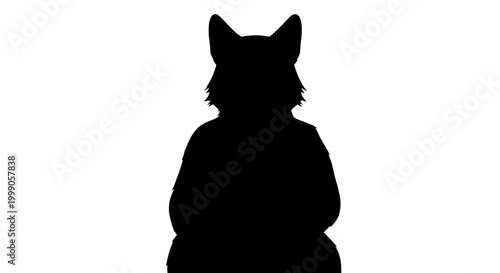 Black Silhouette of a Fluffy Cat or Wolf Animal Isolated on White
