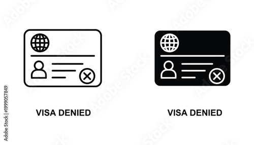 Visa denied document icon set with circular cross symbol in flat black and white vector style for travel and legal design concepts