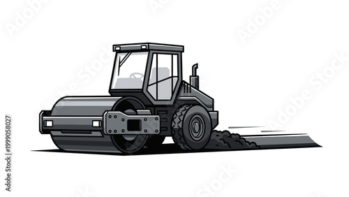 "Industrial road roller compactor machine for road construction, vector illustration."