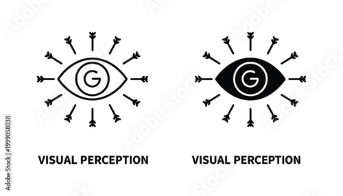 Visual perception concept icon representing eye with surrounding arrows in linear and solid black design style