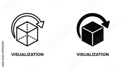 Three dimensional object rotation visualization icon in outline and solid black graphic style for technical software