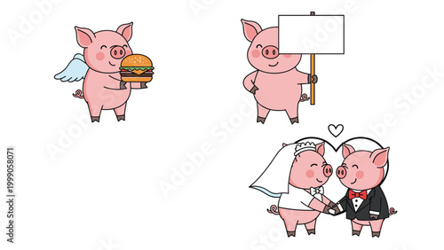 Collection of cute cartoon pig characters includes an angel pig with a burger, a pig holding a blank sign, and a charming bride and groom pig couple.