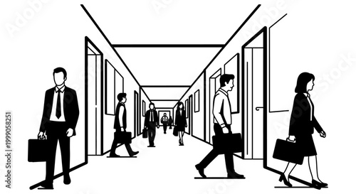 Business people walking in a long office corridor, minimalist line art illustration.