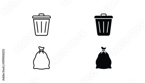 Set of waste disposal icons featuring trash bins and garbage bags in outline and solid graphical styles for professional design use