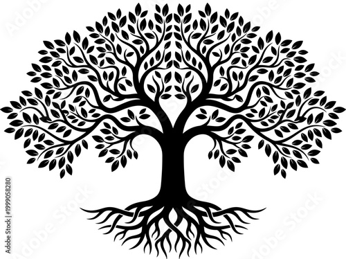 Tree of Life Silhouette with Roots and Leaves - Symmetrical Vector Illustration of Strength and Growth