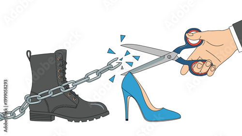 Gender equality and breaking barriers concept showing hand with scissors cutting heavy chain connecting rugged boot and blue high heel shoe.