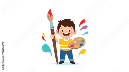 Happy young boy artist holding large paintbrush and colorful paint palette with various shades of oil or acrylic paint for school project.