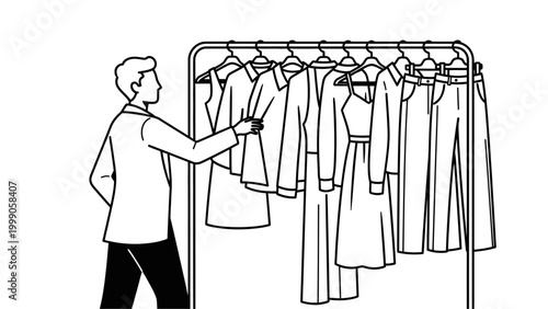 Man choosing clothes from a garment rack in a clothing store or walk-in closet, line art illustration.