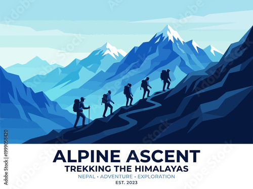 Alpine Ascent: Hikers Trekking Through the Himalaya Mountains Vector Illustration