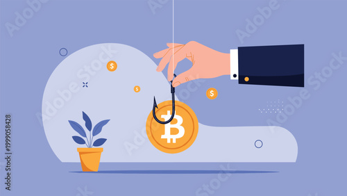 Cryptocurrency scam and phishing alert concept showing hand using fishing hook with bitcoin coin to lure unsuspecting digital investors.