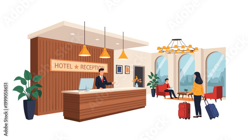 Luxury hotel lobby reception area with staff member behind counter greeting guests arriving with suitcases for their vacation stay.