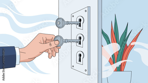 Suited hand tries to find the correct keyhole among several options to unlock a door and enter a room decorated with green house plants.