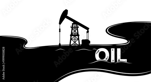 Silhouette of an oil pump jack on a spill background with "OIL" text, industrial concept.