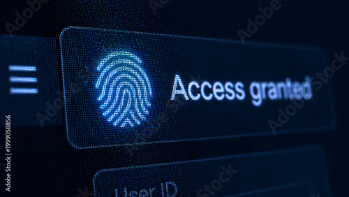 Biometric fingerprint access granted interface with blue scan icon and user identification text on dark technology background
