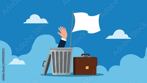 Arm waving a white flag from inside a trash can next to a brown briefcase symbolizing business failure and surrender during an economic crisis.
