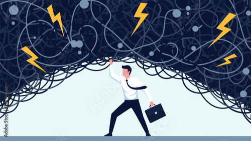 Stressed businessman struggles to hold up a heavy tangled mess of problems and lightning bolts representing daily work pressure and burnout.
