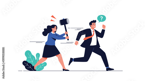 Determined businesswoman chases a worried businessman with a large gavel representing legal authority or strict corporate management rules.