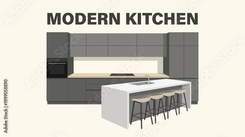 This image showcases a contemporary kitchen featuring sleek cabinetry, a central island with seating, and a clean, minimal aesthetic perfect for modern living spaces.