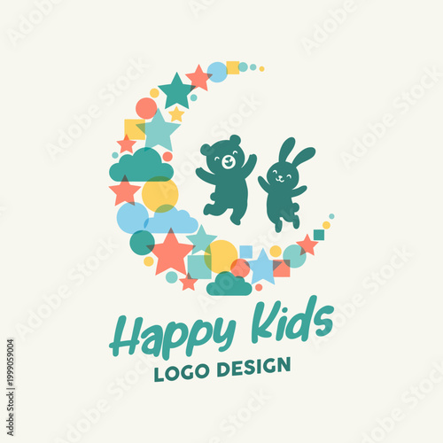 A delightful logo illustrating a bear and rabbit joyful together, capturing the essence of fun, childhood innocence, and playful experiences tailored for kids’ products or services.